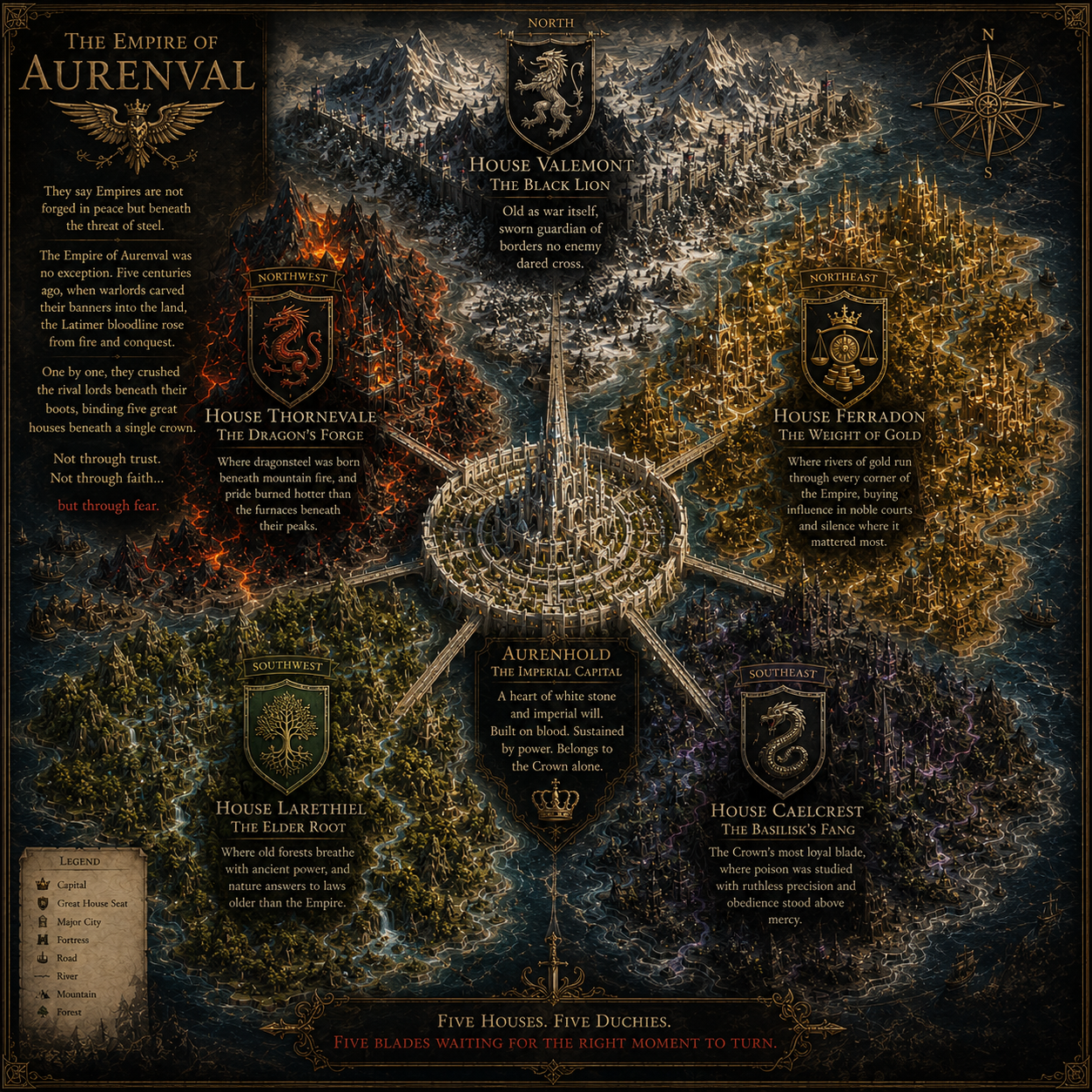 Map of Aurenval showing Aurenhold and the five great duchies.