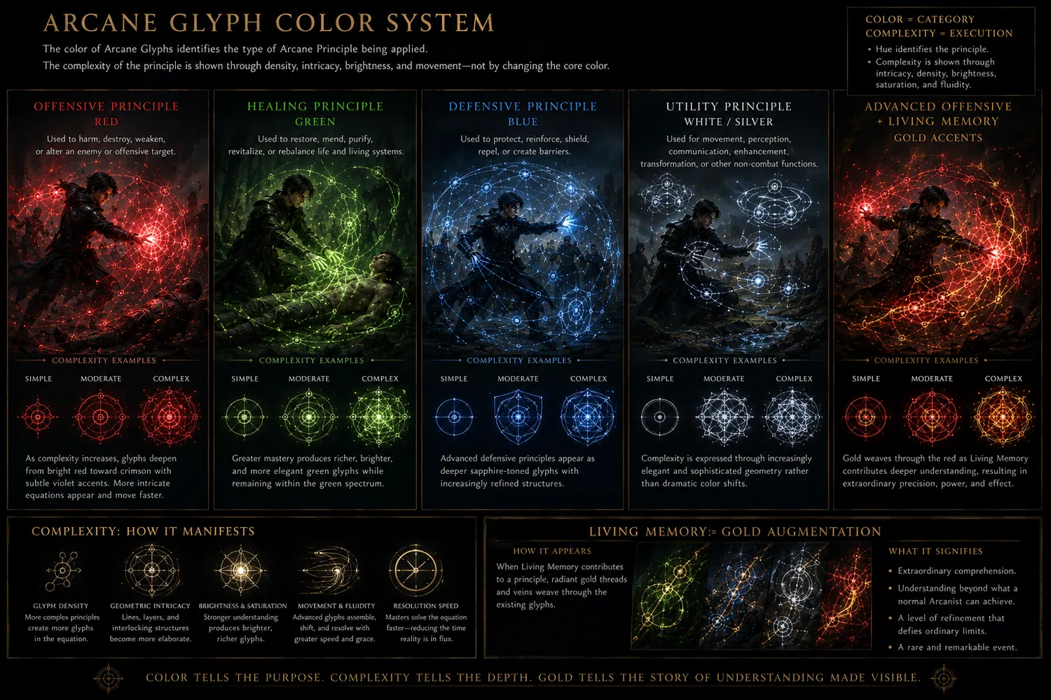 Arcane glyph color chart showing red Offensive, green Healing, blue Defensive, white Utility, and gold Living Memory augmentation