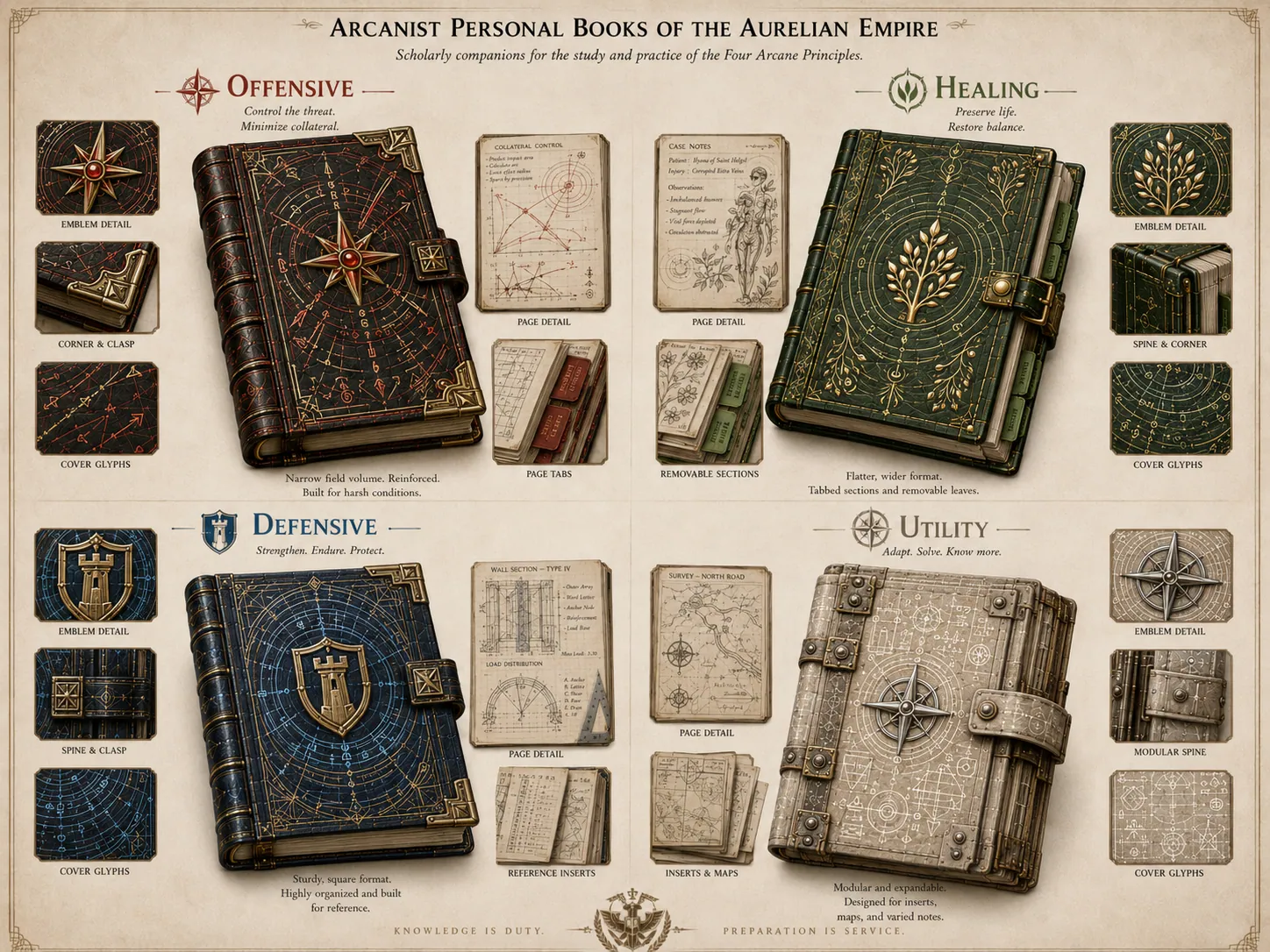 Four personal Arcanist books representing Offensive, Healing, Defensive, and Utility Principles